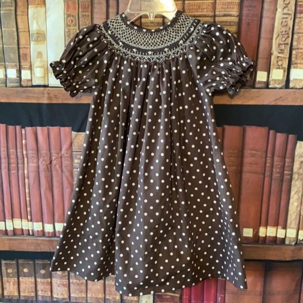 Rosalina Brown Polka Dot English Smocked Bishop Dress Girls 6